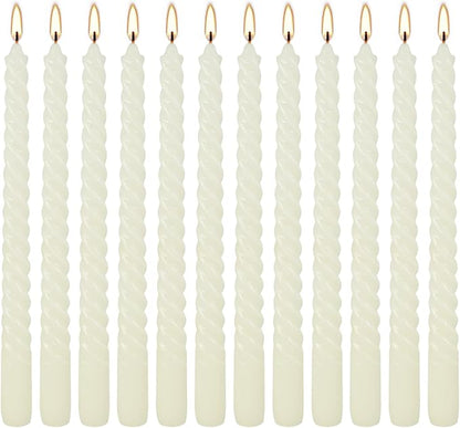 12 Pack 10 inch Ivory Spiral Taper Candles - Dripless, Smokeless, Unscented - 7 Hour Long Burning - Hand Poured Tall Candlesticks - Perfect for Dinner,Party,Wedding and Home Decoration.