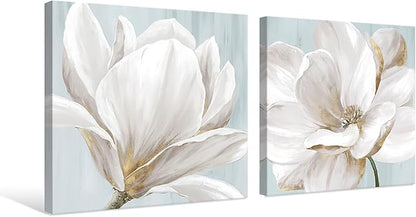 SEVEN WALL ARTS White Magnolia Wall Art Flower Artwork Floral Canvas Paintings Vintage Nature Botanical Painting Farmhouse Artwork Wall Decor for Bedroom Living Room Bathroom Office 24"x 24" x2pcs