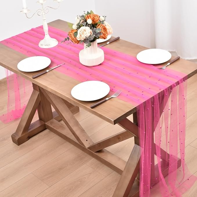 Fuschia Pearl Fall Thanksgiving Table Runner Boho Rustic Tulle Lace Table Runner for Baby Shower Wedding Arch Decor Veil Dessert Table Decor 3pcs