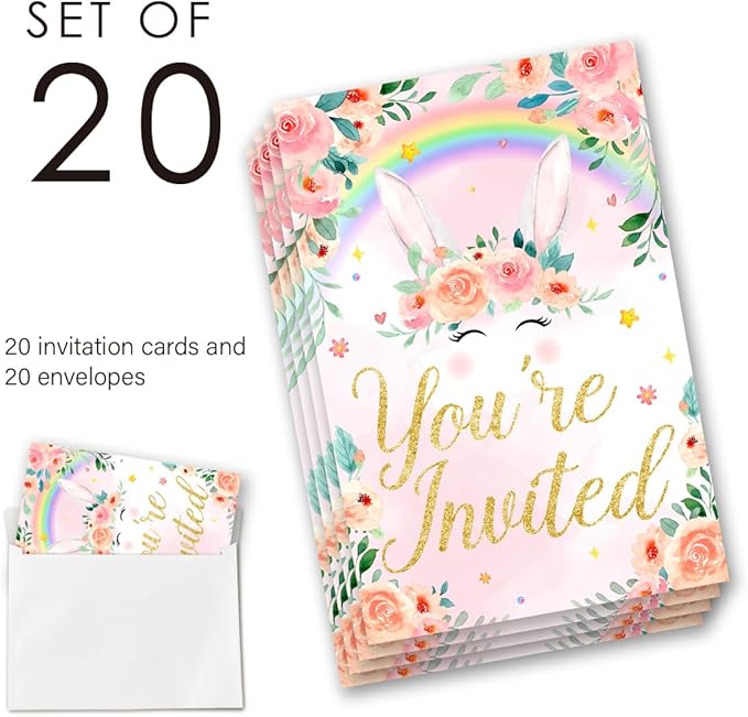 EUDOSI Rainbow Bunny Birthday Party Invitations Supplies Fill-In Set of 20 with Envelopes Floral Bunny Birthday Invites Cards, Double Sided