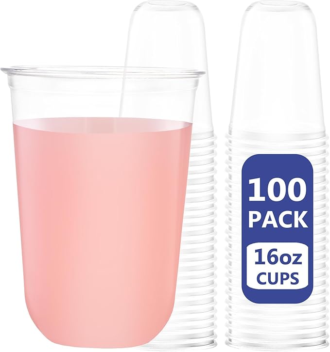WELLIFE 16 oz Clear Plastic Cups, 100 Pcs Disposable Wine Glasses Stemless Cocktail Punch Cups for Cold Drinking Party Supplies, Halloween, Thanksgiving Day