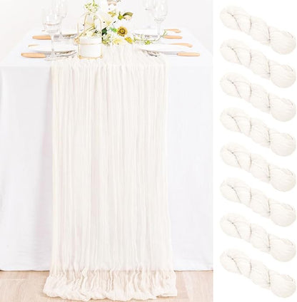 MLMC 8 Pack Ivory White Table Runner Rustic Gauze Cheesecloth Table Runner 10ft Cheese Cloth Cenerpiece 35x120 Inches for Dessert Anniversary Wedding Bridal Baby Shower Decor