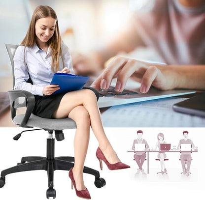BestOffice | Ergonomic Office Chair | Mid-Back Swivel Desk Chair | Breathable Backrest & Lumbar Support | Adjustable Height | Sponge Seat | Rolling Wheels | Grey | for Adults & Women