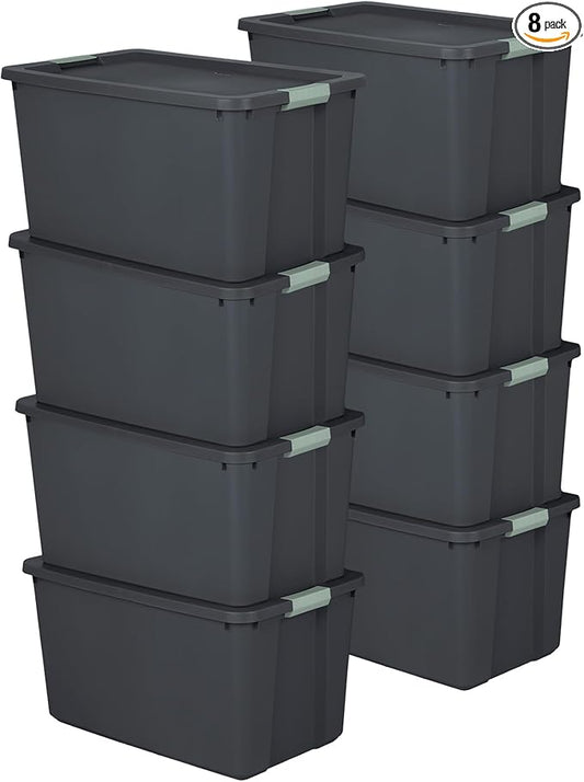 Sterilite 8 Pack 34 Gallon Latch Tote, Stackable Plastic Storage Bin Container, Gray/Green