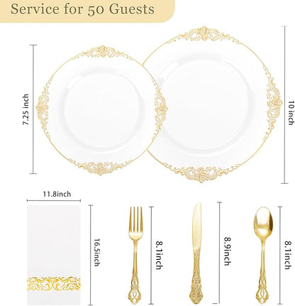 Ciaell 300PCS White and Gold Plastic Plates - Gold Disposable Dinnerware Sets for 50 Guests - 100 Plates, 50 Knives, 50 Forks, 50 Spoons, and 50 Napkins for Wedding, Anniversary, Party & Thanksgiving