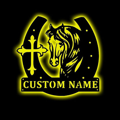 Personalized Name Horse Lamp Custom Wooden/Metal Horse Night Light Horse Wall Art LED Horse Light Farmhouse House Sign Horse Themed Gifts for Girl Birthday Christmas(Cross Horse Sign)