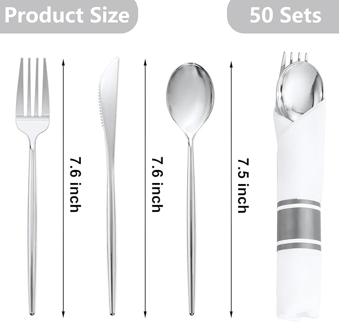 SUT 50 Pack Pre Rolled Silverware Set Disposable, 200 Pcs Silver Plastic Utensils Include 50 Forks, 50 Knives, 50 Spoons and 50 Napkins, Plastic Cutlery, Wrapped Silverware Set Disposable for Party