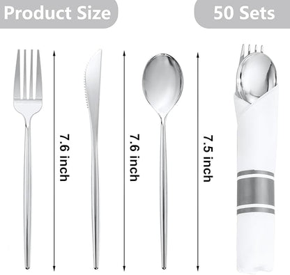 SUT 50 Pack Pre Rolled Silverware Set Disposable, 200 Pcs Silver Plastic Utensils Include 50 Forks, 50 Knives, 50 Spoons and 50 Napkins, Plastic Cutlery, Wrapped Silverware Set Disposable for Party