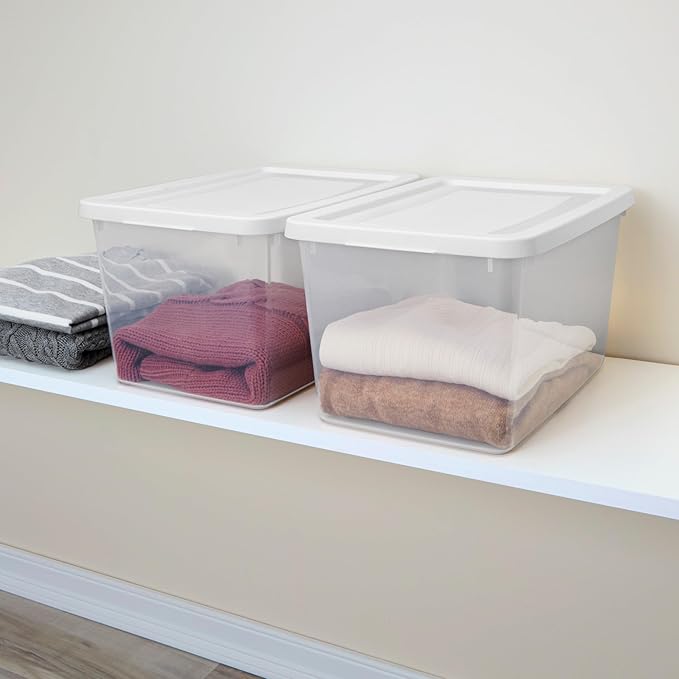 Sterilite 18 Pack Storage Boxes, Clear Plastic Stackable Containers, Lightweight Home Organizers with Snap Lids, 20 Quart, White