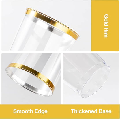 Goodluck 100PCS 10oz Gold Plastic Cups for Party, Disposable Gold Rim Cups, Plastic Cocktail Glasses for Wedding Thanksgiving, Christmas, and Parties