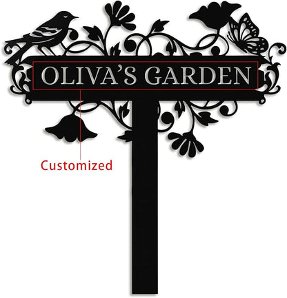 Personalized Garden Sign– Custom Metal Yard Stake with Bird & Butterfly Design, Outdoor Name Plaque for Lawn, Pathway, Flower Bed, Weatherproof Garden Decor, Gift for Gardeners & Housewarming
