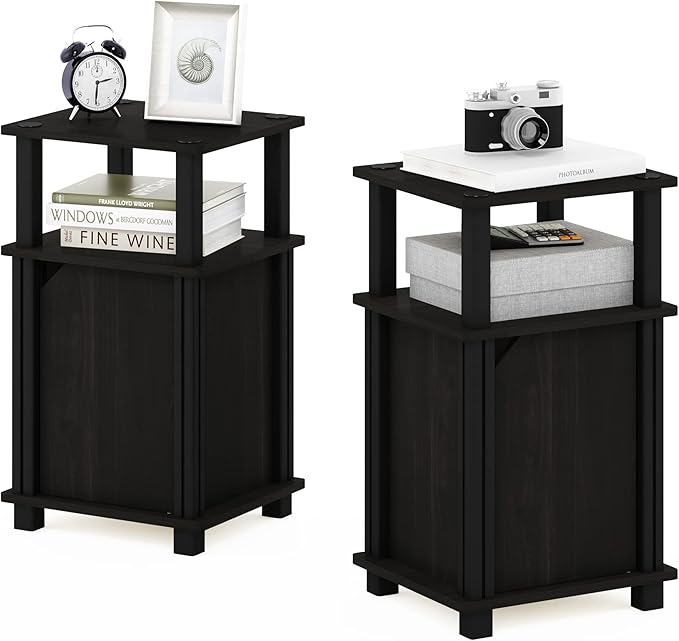 Furinno Brahms 3-Tier End Side Sofa Table/Nighstand with Door, 2-Pack, Espresso/Black