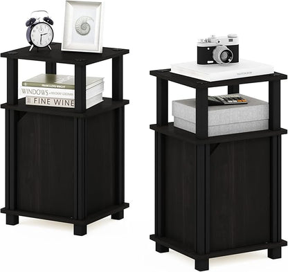 Furinno Brahms 3-Tier End Side Sofa Table/Nighstand with Door, 2-Pack, Espresso/Black