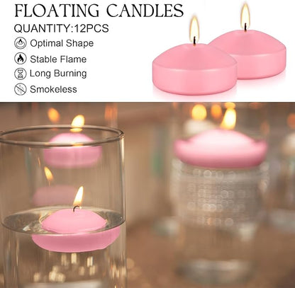 12 Pcs 3 inch Romantic Pink Floating Candles, Smokeless and Unscented, Burns for 8-10 Hours, are Ideal for Weddings, Parties ，Vacations, and Home Decorations