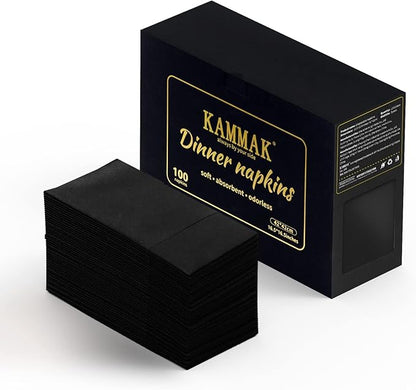 KAMMAK Black Napkins Disposable with Pocket Wedding Decorative Dinner Paper Napkins 100 Pack Linen Feel Prefolded Guest Hand Towels for Party Decoration, Cocktail Reception, Hotel (16.5 x 16.5 inch)