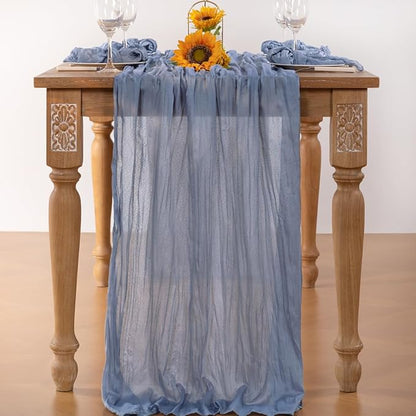 Dusty Blue Cheesecloth Table Runner Christmas Table Runner Boho Gauze 120 Inches Blue Table Decor for Xmas Holiday Season Parties Marine Weddings Bridal Baby Shower Birthday Party