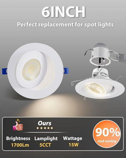 Adetu Led Recessed Lighting 6 inch, 360°+90° Adjustable Directional Gimbal 6 inch Led Recessed Light, 2700K-5000K 5CCT Dimmable Retrofit Eyeball Can Recessed Lights with Jbox, ET (White, 6 Pack)