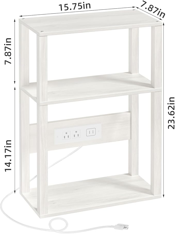 3 Tier Small Narrow Bamboo Side Table Set of 2 with Charging Station - Skinny Nightstand for Small Spaces, Slim Bedside Table with USB Ports and Outlets - Thin End Table with Storage, Grey White