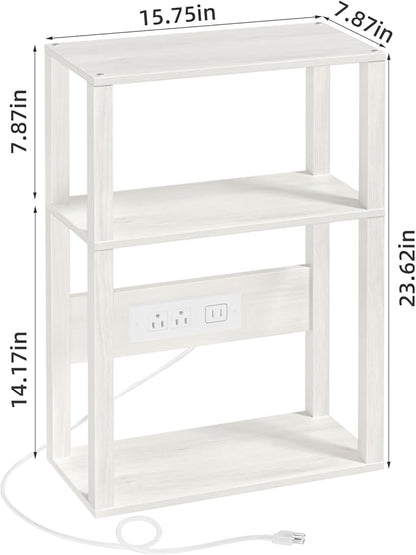 3 Tier Small Narrow Bamboo Side Table Set of 2 with Charging Station - Skinny Nightstand for Small Spaces, Slim Bedside Table with USB Ports and Outlets - Thin End Table with Storage, Grey White