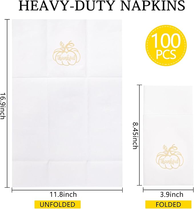 100PCS Thanksgiving Napkins Disposable - White and Gold Paper Napkins with Built-in Flatware Pocket Prefolded Cloth Like - Heavy-duty Linen-Feel Dinner Napkins for Thanksgiving & Dinner
