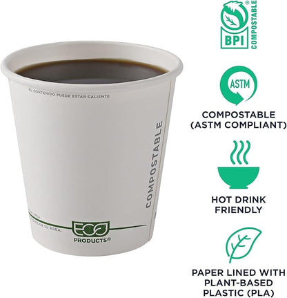 ECO PRODUCTS Compostable Disposable GreenStripe 10oz Coffee Cups, Pack of 50, White Single Wall Hot Paper Cup, Plant Based PLA Lining, Biodegradable