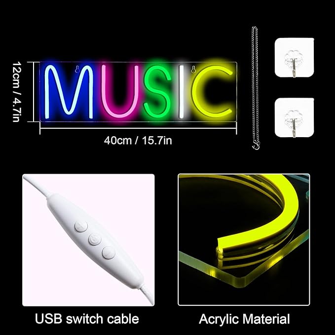 Lucunstar Music Neon Light Neon Sign for Wall Decor Colorful Letters Lights Sign Music Word LED for Bedroom Game Room Club Bar Party Decoration Game Room Decor in Christmas Party