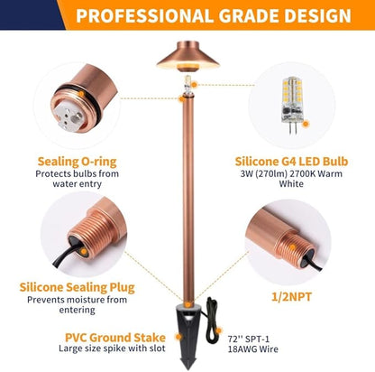 Gardenreet Brass Landscape Lights Pathway Light(Hat), 12V Low Voltage Copper Sideway Lamp Outdoor Waterproof LED for Patio Walkway Driveway Garden Yard with 3W 2700K G4 Bulb(8 Pack)