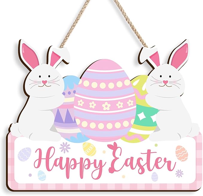 Kercan Easter Wood Decor Sign - Vintage Easter Egg Bunny Wooden Hanging Door Sign Welcome Printed Wood Wall Art Decorative Sign Hanging Rustic Farmhouse Decoration Retro Hello Spring Porch Plaques