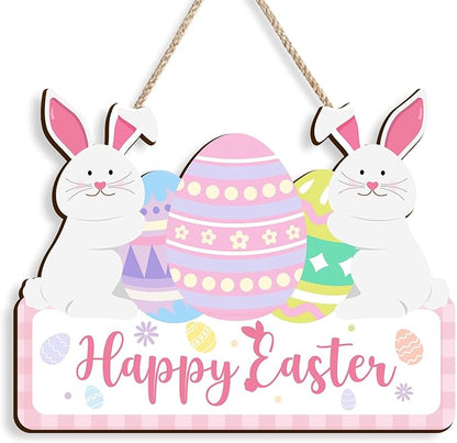 Kercan Easter Wood Decor Sign - Vintage Easter Egg Bunny Wooden Hanging Door Sign Welcome Printed Wood Wall Art Decorative Sign Hanging Rustic Farmhouse Decoration Retro Hello Spring Porch Plaques