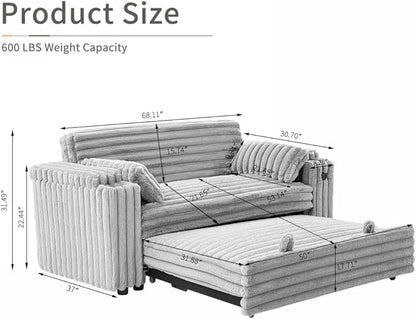 68.11" Corduroy Sleeper Chair Bed with USB Port, Cup Holders & Side Storage Pockets – 3-in-1 Foldable Sofa Bed for Guest Room, Living Room– Gray