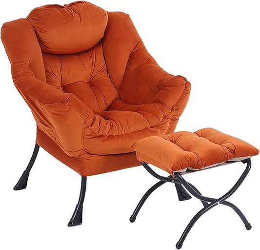 LITA Lazy Chair with Ottoman, Modern Lounge Accent Chair with Armrests and a Side Pocket, Leisure Upholstered Sofa Chairs Set, Reading Chairs with Footrest for Small Space,Orange