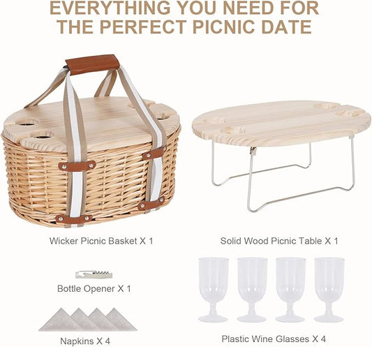 Picnic Basket Set for 4 - Wicker Insulated Picnic Basket with Folding Wine Table, Wine Picnic Kit with Liner for Couples, Camping, Outdoor, Valentine (WhiteFlower)