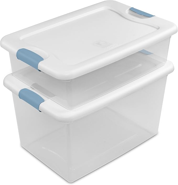 Sterilite 12-Pack 64 Quart Latching Box, Clear Plastic Storage Organizer Bins with White Lids - Large Stackable Containers for Home Bedroom, Dorm Room, and Closet Organization