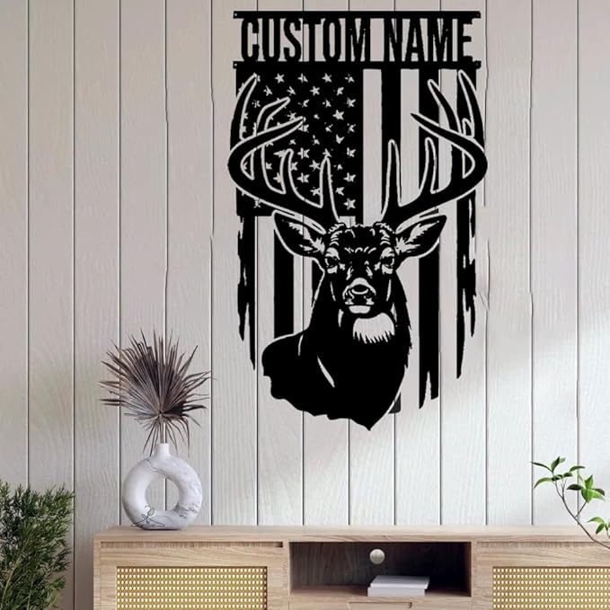 IZI POD Personalized Deer Metal Sign with American Flag, Custom Name Buck Antler Wall Art for Hunting Cabin, Lodge, Man Cave, Rustic Farmhouse Decor, Gift for Men, Hunters & Wildlife Lovers
