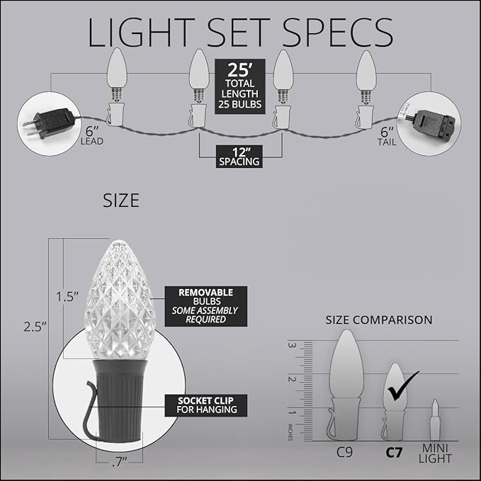 Wintergreen Lighting C7 OptiCore Commercial Multicolor Christmas Lights - LED Christmas String Lights, Outdoor Christmas Holiday Lights; Green Wire (25 Lights, 25 ft)
