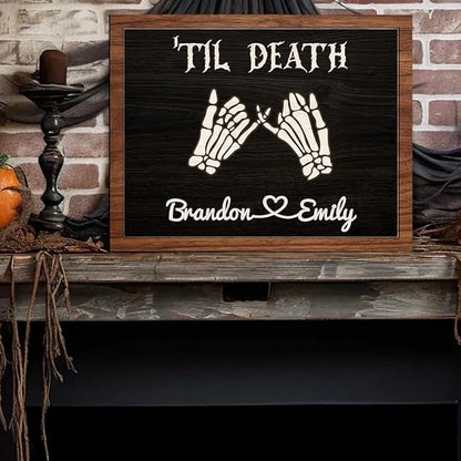Personalized Couple Skeleton Wooden Sign, Ghost Couple Gift, Halloween Skeletons Wedding Frame Sign, Til Death Sign, Gothic Decor, Wood Sign Gifts for Birthday Valentine Engaged Bridal Party a8