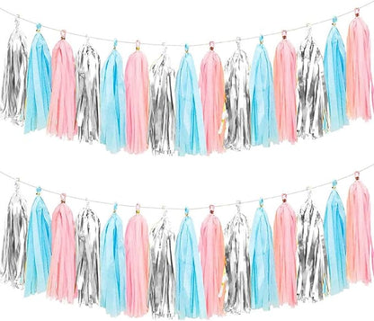 We Moment Gender Reveal Tissue Paper Tassel Banner for Wedding,Birthday,Baby Shower Party Decorations，DIY Kits，Pink，Blue，Silver，15PCS