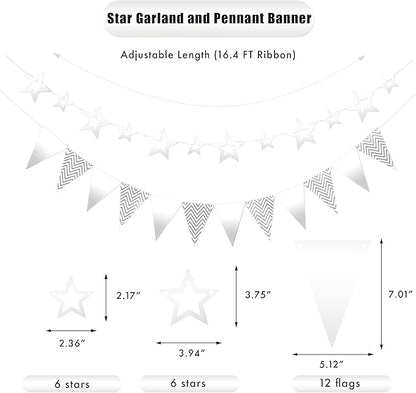 CANREVEL 3 PCS Silver Happy Birthday Banners, Hanging Stars Garland and Pennant Banner Flags, Silver Garland for Silver Party Decorations, Birthday Party Supplies for Women Men Girls Boys Adults