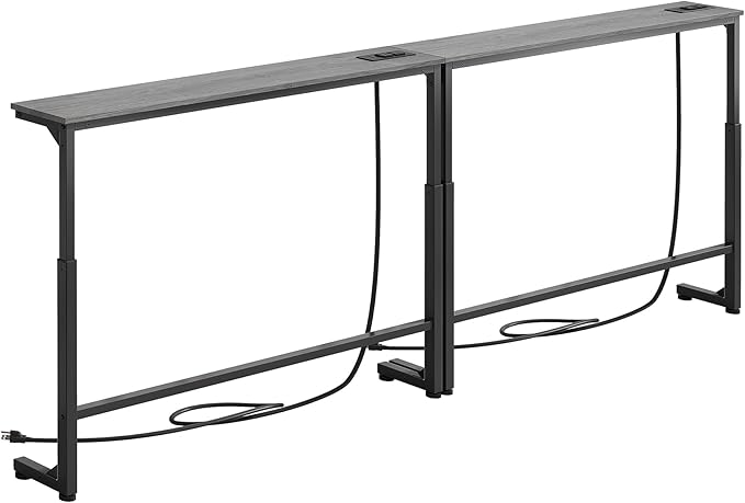 Kitstorack 2-Pack Dark Gray Long Sofa Table Behind Couch, Adjustable Height (25"-33") & 2 Power Outlets, Narrow Console Table, 5.9" D x 79" L, Thin, Split Design for Separate Use