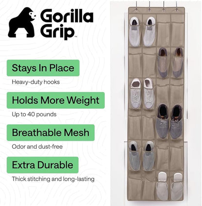 GORILLA GRIP Over the Door Shoe Organizer, 24 Large Breathable Mesh Pockets, Space Saving Hanging Storage Holder, Closet Rack Hanger Holds Up to 40 lbs, Hangs on Closets for Shoes, Accessories, Beige