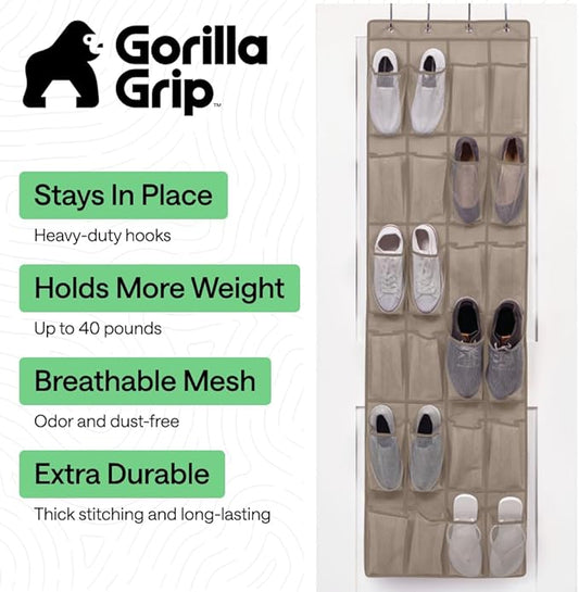 GORILLA GRIP Over the Door Shoe Organizer, 24 Large Breathable Mesh Pockets, Space Saving Hanging Storage Holder, Closet Rack Hanger Holds Up to 40 lbs, Hangs on Closets for Shoes, Accessories, Beige