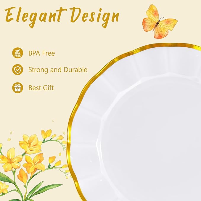 EI 150pcs White Plastic Plates with Gold Plastic Silverware,Disposable Plate Heavy Duty,White Dinnerware Set,Elegant Plates for Party,Wedding,Thanksgiving,Christmas,New Year