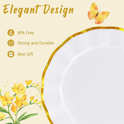 EI 150pcs White Plastic Plates with Gold Plastic Silverware,Disposable Plate Heavy Duty,White Dinnerware Set,Elegant Plates for Party,Wedding,Thanksgiving,Christmas,New Year