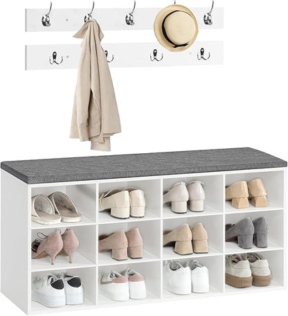 HOOBRO Shoe Storage Bench with Cushion, 39.4" L Entryway Bench with 12 Cubbies, Entryway Hall Tree with Storage, Cubby Shoe Rack Bench with Coat Rack for Hallway, Holds up to 330 lb, White WT112HX01