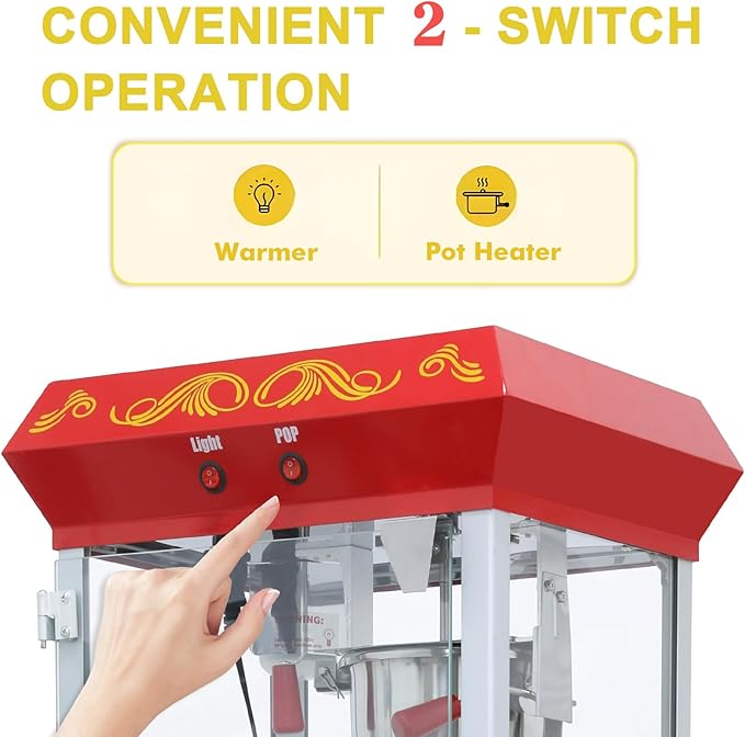 Vintage Commercial Popcorn Machine with Cart - 8oz Kettle for 32 Cups/Batch, with Warming Lamp, Glass View Door and Wheels for Home Theater and Parties (Red)