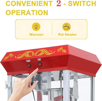 Vintage Commercial Popcorn Machine with Cart - 8oz Kettle for 32 Cups/Batch, with Warming Lamp, Glass View Door and Wheels for Home Theater and Parties (Red)