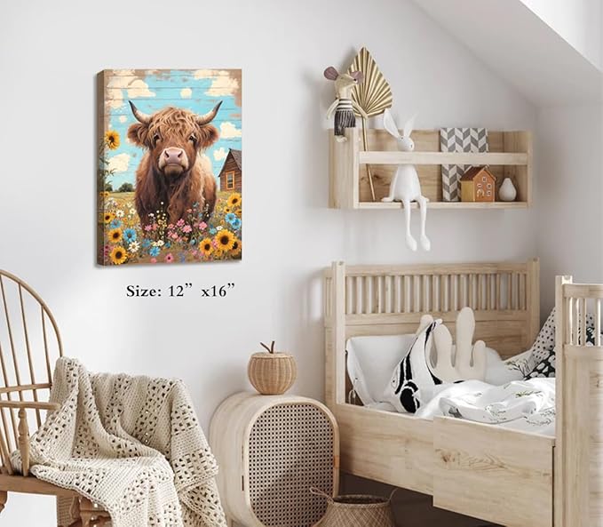 Rustic Farmhouse Highland Cow Wall Art,Rustic Highland Cow Sunflower Canvas Pictures Wall Decor,Country Animal Cattle Canvas Print Framed Artwork for Bathroom Bedroom Living Room12 x16