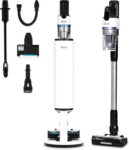 LEVOIT AERO Cordless Vacuum with Auto-Empty Station, HyperPulse Technology, Anti-Tangle Brush, 5-Stage Filtration, HEPA Filter, Up to 70 Mins, Powerful Suction for Pet Hair, Carpet, Hard Floor, White