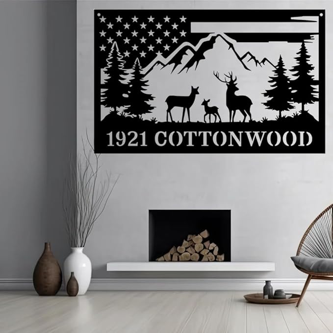 Personalized Deer Metal Address Sign with American Flag and Mountain Scene, Custom Family Name Plaque for Hunting Cabin, Lodge, House, Outdoor Rustic Decor, Housewarming Gift for Hunters & Men