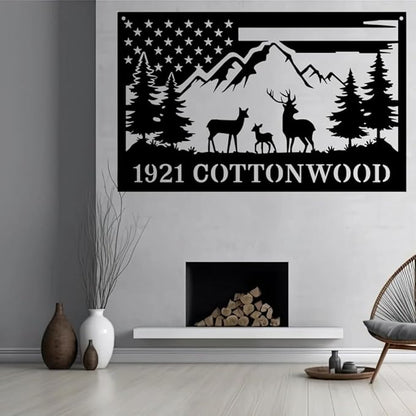 Personalized Deer Metal Address Sign with American Flag and Mountain Scene, Custom Family Name Plaque for Hunting Cabin, Lodge, House, Outdoor Rustic Decor, Housewarming Gift for Hunters & Men